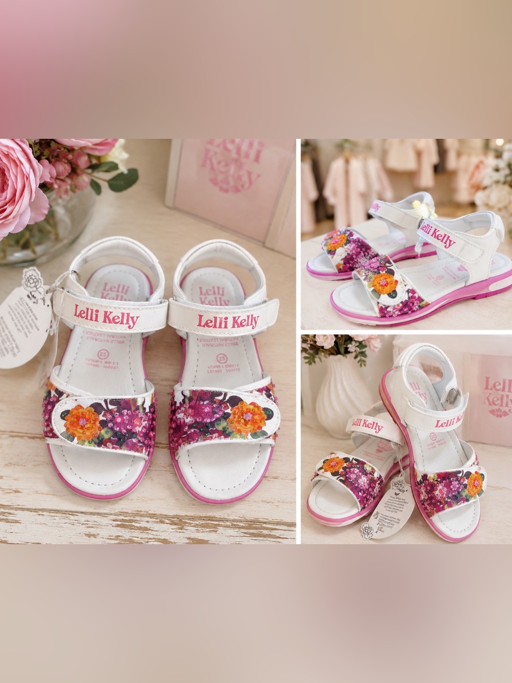 Lelli Kelly Girls Floral Embellished Sandals – Size 25 – New white pink size 8-8